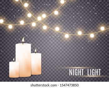 Burning candles. Flame. Holiday. Christmas lights isolated on transparent background. Vector illustration