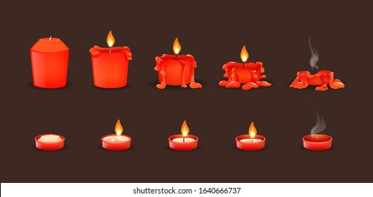 Burning candles flame set. Cartoon burning wax candles on the different stages of burning from a whole candle to a cinder vector illustration
