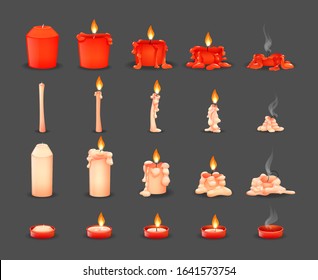 Burning candles flame set. Cartoon burning wax candles on the different stages of burning from a whole candle to a cinder vector illustration