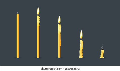 Burning Candles Flame Set. Cartoon Burning Church Wax Candles On The Different Stages Of Burning From A Whole Before An Extinguished Candle To Cinder Vector Illustration