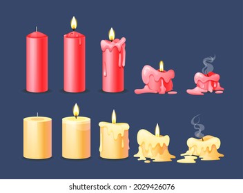 Burning candles flame set. Cartoon burning yellow and red wax candles on the different stages of burning from a whole before an extinguished candle to cinder vector illustration