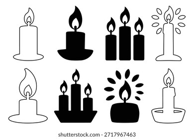 Velas ardientes con llamas y Elementos decorativos