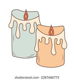 Burning candles with flowing wax. Hygge home decor. Hand drawn illustration in doodle style.
