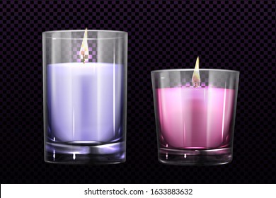 Burning candles in glass jars set isolated on transparent background. purple and pink colored elements for festive divali, Christmas holiday or romantic decor realistic 3d vector illustration clip art