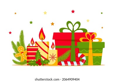 Burning candles, green spruce branches, gingerbread man, Gift boxes. Greeting card, Table composition, Festive decor for Christmas, New Year. Beautiful vector illustration, white background  