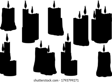 Burning candles. Halloween silhouettes kit on white background
