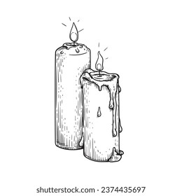 Burning candles in hand drawn sketch style. Retro vintage  beewax candle illustration. Vector drawing isolated on white.