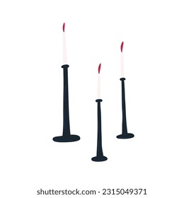 Burning candles in holder or candlestick, cartoon flat vector illustration isolated on white background. Hand drawn trendy and cozy home decor.