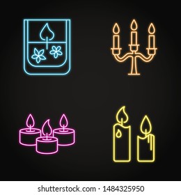 Burning candles icon set in neon line style. Bright illumination symbols. Vector illustration.