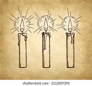 Burning candles. Ink sketch on old paper background. Hand drawn vector illustration. Retro style stroke drawing.