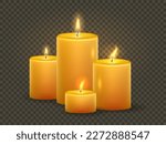 Burning candles isolated on transparent background. Composition of four wax candles. Vector illustration