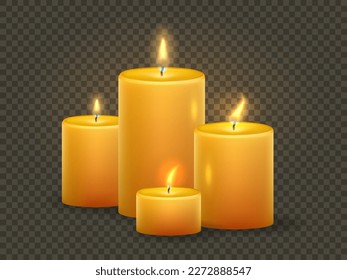 Burning candles isolated on transparent background. Composition of four wax candles. Vector illustration