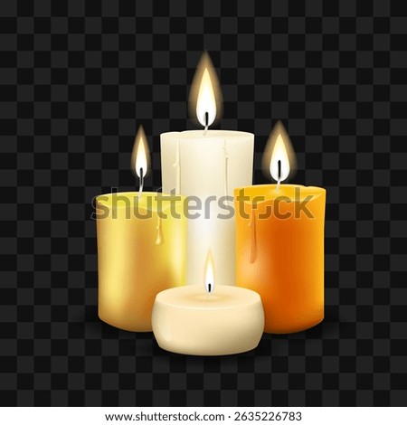 Burning candles isolated on transparent background. Composition of four wax candles. Vector illustration