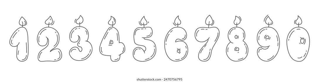 Burning candles in line art style. Set of Hand drawn birthday candles numbers with burning flame, doodle style. Decoration for cake. greeting card, banner, invitation, stickers.  Vector illustration