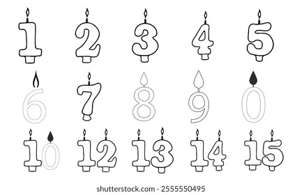 Burning candles in line art style. Set of Hand drawn birthday candles numbers with burning flame, doodle style. Decoration for cake. greeting card, banner, icon
