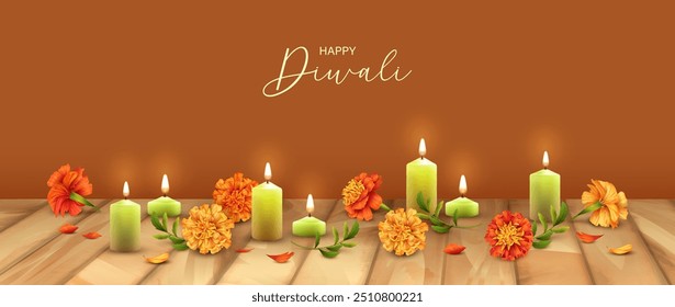 Burning candles and marigold flowers. Festive composition for Diwali festival or Day Of Dead