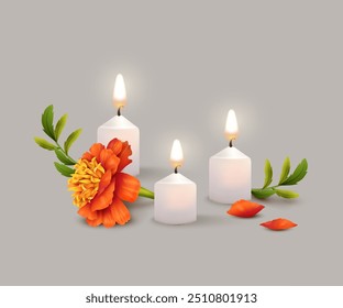 Queimando velas e flores de calêndula. Composição festiva para o festival Diwali ou Dia de Mortos