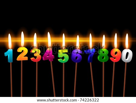 Burning candles with numbers "1, 2, 3, 4, 5, 6, 7, 8, 9, 0"