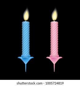 Burning candles on a black background, a pink candle for girls and a blue candle for boys to put on a birthday cake.
