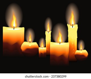 Burning candles on black background. Vector illustration.