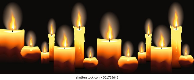 Burning candles on black. Seamless background. Beautiful glowing candles with melted wax.