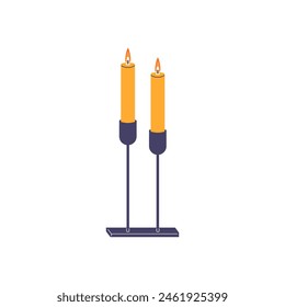 Burning candles on a candlestick flat vector illustration. Vintage candle holders and candelabrums isolated on white. Relaxation and aromatherapy design element. Cozy lighting