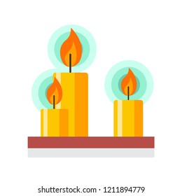 Burning candles on a wooden shelf. Vector flat illustration isolated on white background.