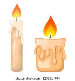 Burning candles from paraffin wax isolated on white background. Cartoon style. Holiday elements. Vector illustration for design.