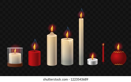 Burning candles - realistic vector isolated clip art set of objects on transparent background. White, red, short, tall, festive, simple lights of different shapes and forms, with a glass