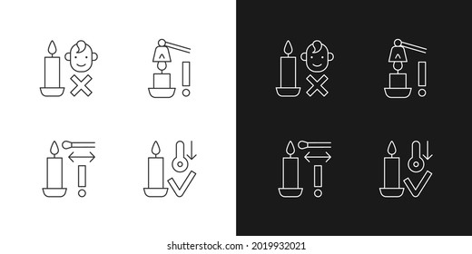Burning candles safely linear manual label icons set for dark and light mode. Customizable thin line symbols. Isolated vector outline illustrations for product use instructions. Editable stroke