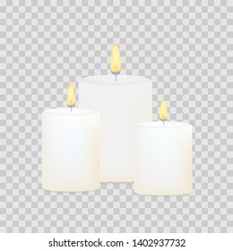 Burning candles set. Aromatic decorative round cylindrical candle sticks. Vector stock illustrtaion.
