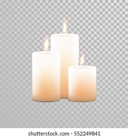 Burning candles set. Aromatic decorative round cylindrical candle sticks with burning flames on transparent background. Vector 3D realistic isolated decoration white or beige element design