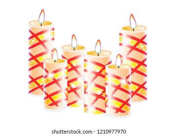 Burning candles set. Decorative round cylindrical candle sticks with burning flames on white background. Vector isolated decoration element design