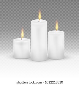 Burning candles set. Realistic Candles Flame Fire Light isolated on transparent background. Vector illustration. Eps 10.