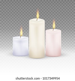 Burning candles set. Realistic Candles Flame Fire Light isolated on transparent background. Vector illustration. Eps 10.