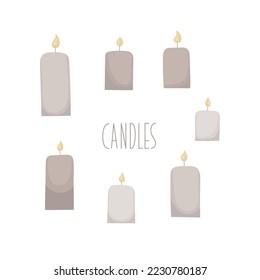 Burning candles set. Simple vector candlesticks for aroma spa, hygge, religion, christmas.