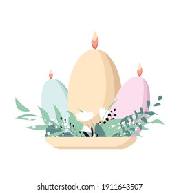 Burning candles in a shape of eggs on a stand with plant leaves and white flowers. Home decor. Vector flat illustration.