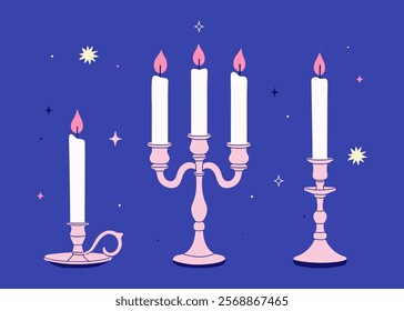 Burning candles in silver candlesticks on a blue background. Vector graphics