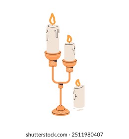 Burning candles stand in golden holder. Candlestick with fire. Wax melting from flame on vintage candelabrum. Candlelight in home decor. Flat isolated vector illustration on white background