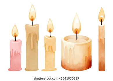 Burning candles watercolor set. Hand drawn illustration for calm and autumnal scenes