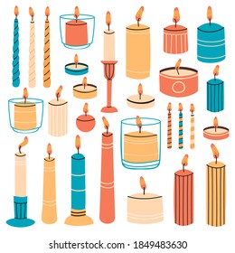 Burning candles. Wax aromatic candles in candlesticks, holders and glass. Cute hand drawn hygge interior decorations vector illustration set. Holiday decorative design element for aroma therapy