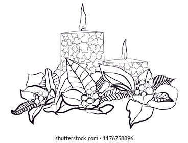 Burning candles in wreath vector
