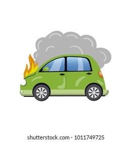 Burning car, auto fire breakdown cartoon vector Illustration