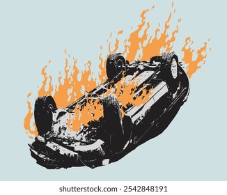 Burning Car. Crashed Broken Car