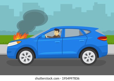 Burning car engine hood. Young scared driver driving his broken suv car. Flat vector illustration template.