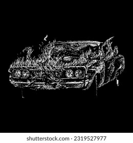 burning car hand drawing vector isolated on black background.
