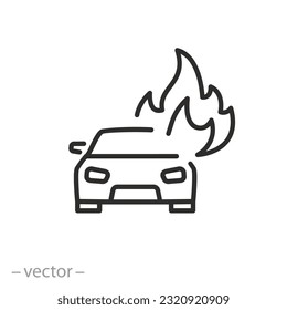 burning car icon, auto in fire, line symbol on white background - editable stroke vector illustration eps10