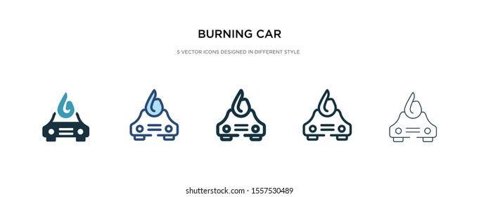 burning car icon in different style vector illustration. two colored and black burning car vector icons designed in filled, outline, line and stroke style can be used for web, mobile, ui