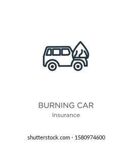 Burning car icon. Thin linear burning car outline icon isolated on white background from insurance collection. Line vector sign, symbol for web and mobile