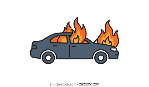Burning car illustration flat vector graphic on a white background